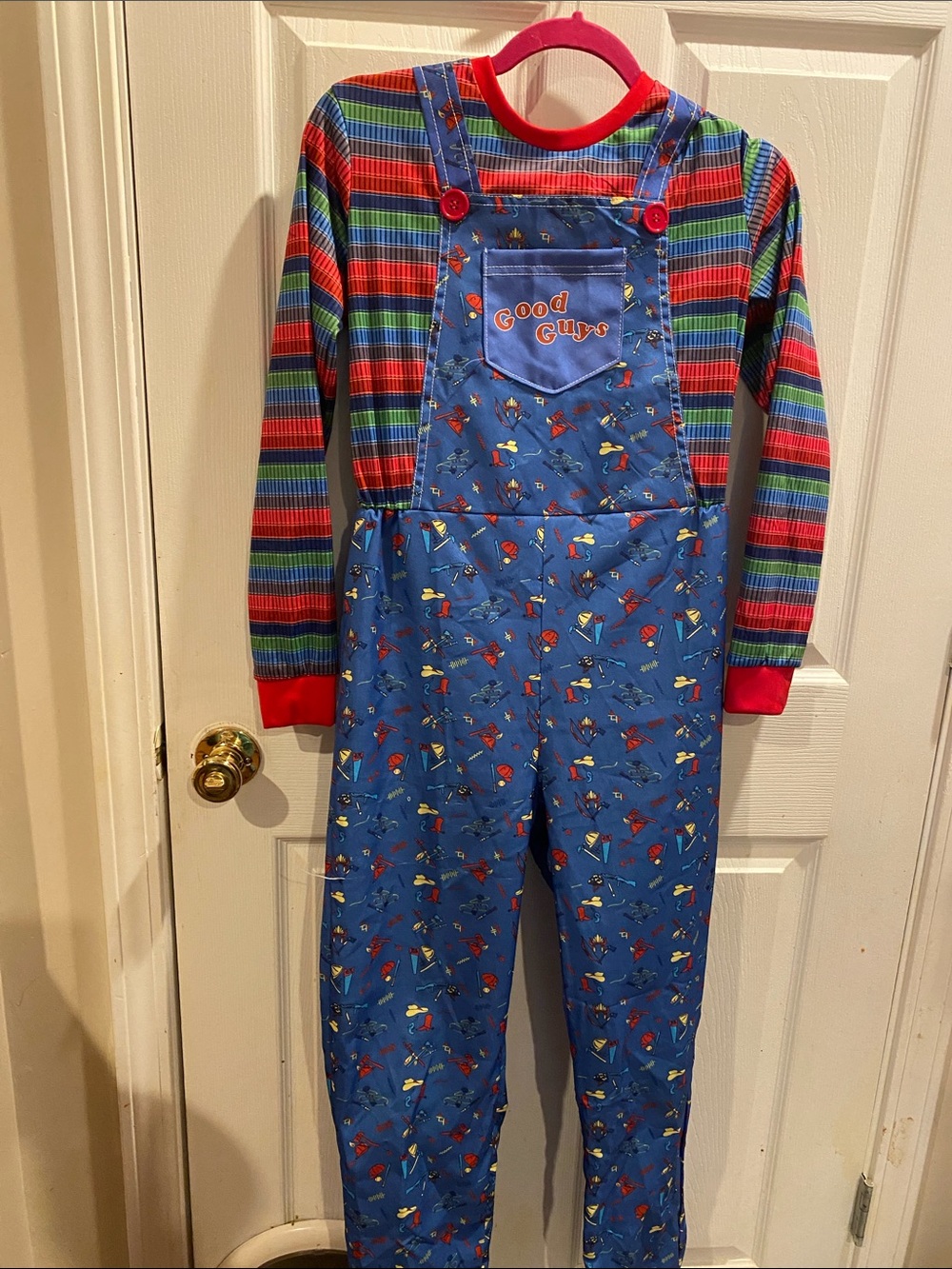 Chucky Costume Good Guys Blue Kids Overalls with Striped Long-Sleeve Shirt